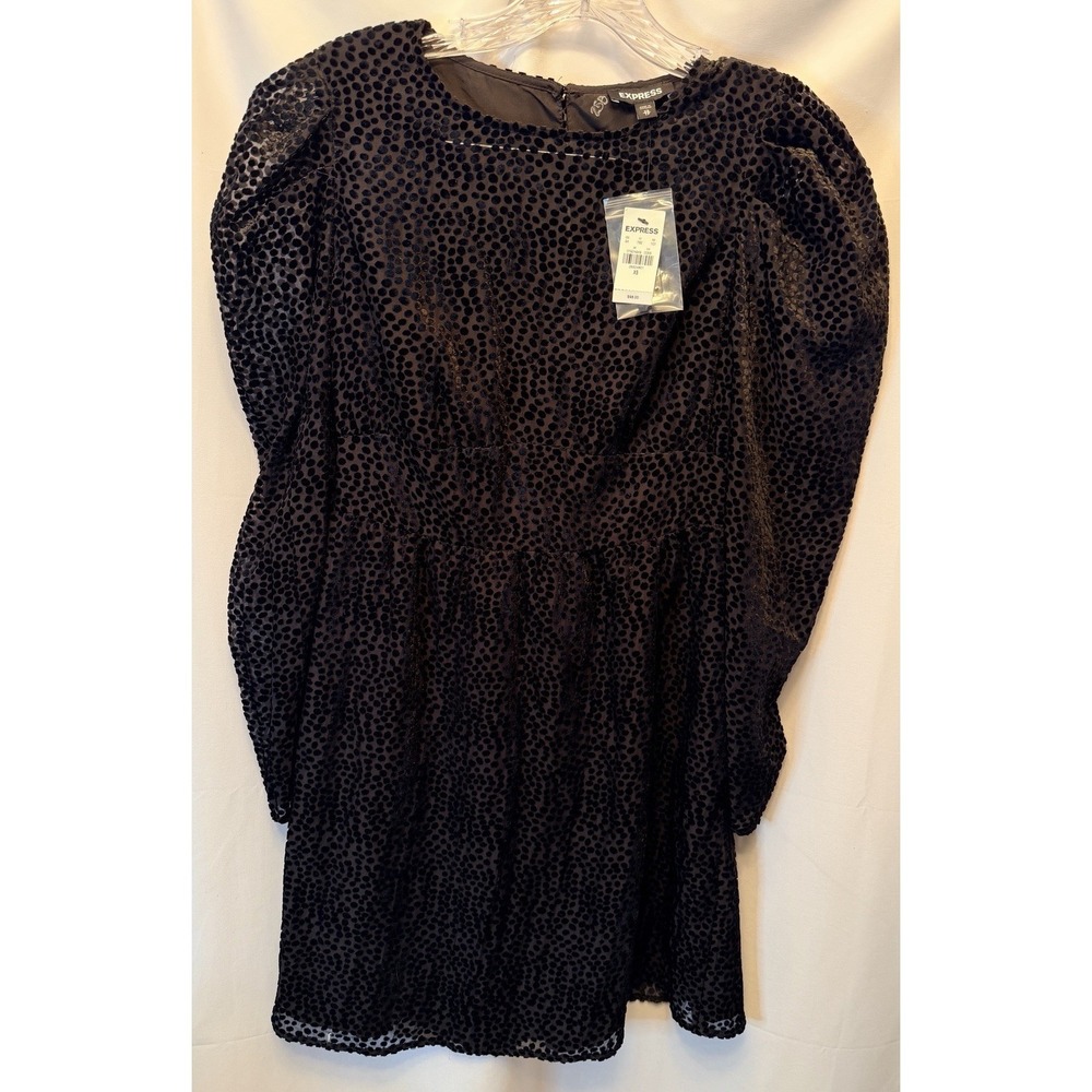 NWT Express Velvet Polka Dot Dress Women's XS Puff Sleeve Black Burnout Cocktail